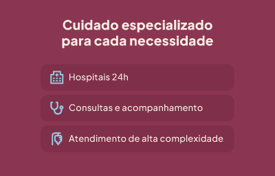 Cuidado especializado para cada necessidade: hospitais 24h, consultas e acompanhamento, atendimento de alta complexidade.